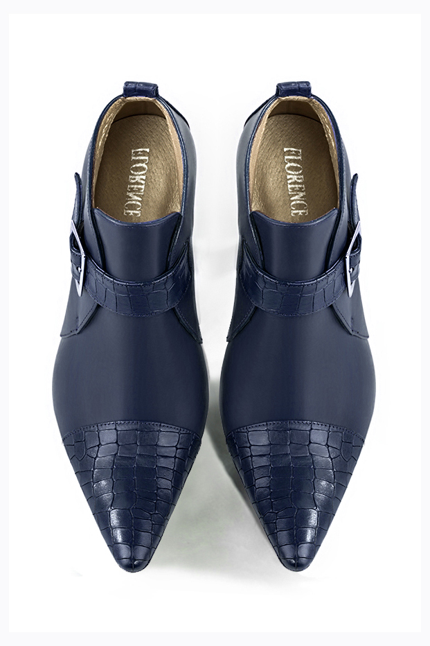 Navy blue women's ankle boots with buckles at the front. Tapered toe. Very high kitten heels. Top view - Florence KOOIJMAN